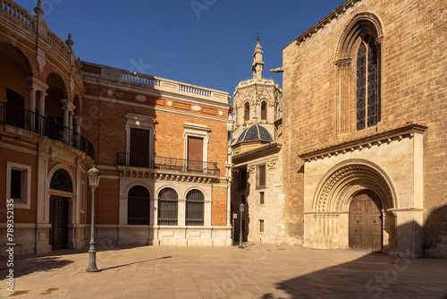 Cathedral of Valencia and Micalet tower in the old town of Valencia, Spain. photo