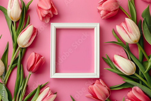 Top View Pink Tulips with Blank Frame. Top view of pink tulips around a blank white frame on pink background, suitable for springtime events. #789352350