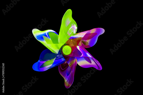 A front view of a regular toy pinwheel windmills with six differently psychedelic colored vanes rotating on a stick on a black screen background, slow shutter speed motion blur