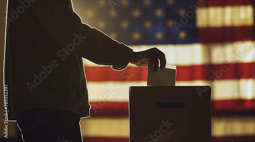 Silhouetted by the American flag, a man's hand releases a ballot into the box, highlighting the significance of democratic choice and national unity in a close-up shot full of patr photo