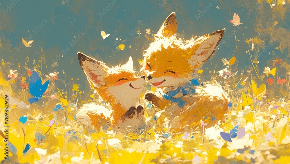 Fototapeta premium Two cute fox playfully chasing in the spring park, bathed in the style of golden sunlight and colorful flowers,