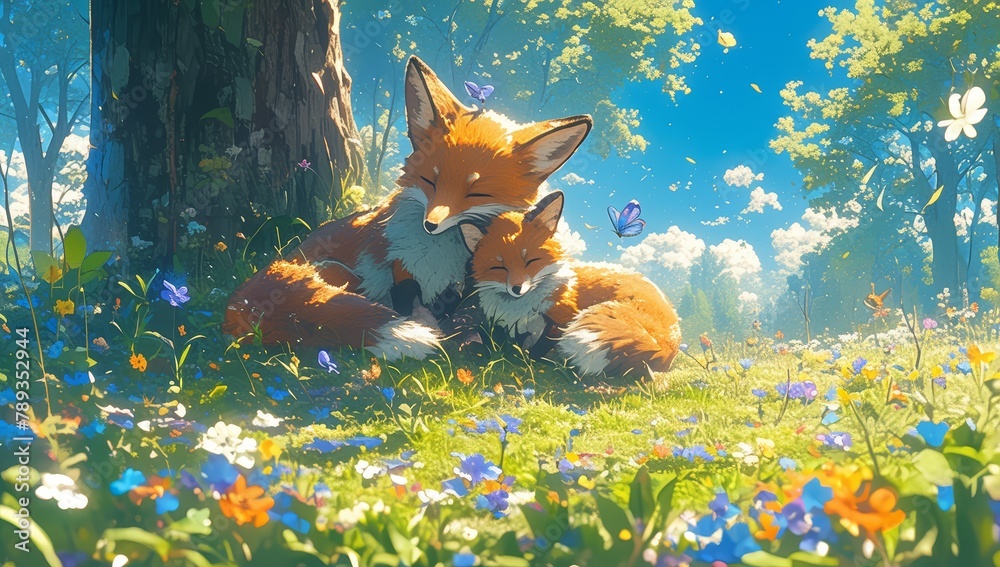 Fototapeta premium Two cute fox playfully chasing in the spring park, bathed in the style of golden sunlight and colorful flowers,
