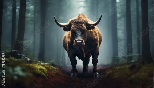 a bull in the middle of a dark forest from Generative AI