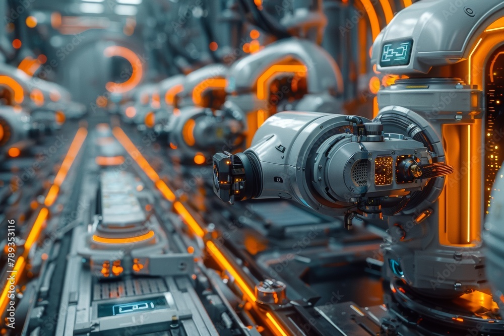 Automatic robotic assembly line for robots and modern machines, AI generated Automatic robotic assembly line for robots and modern machines, AI generated