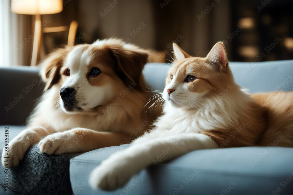 together cat indoors Animal dog resting Adorable sofa friendship fluffy breed german hair happy mammal friends cute background canino whisker