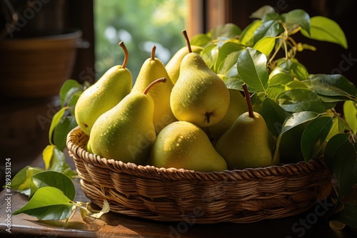 Pears in the wicker basket on the wooden table, generative IA