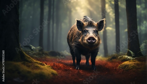 a wild boar in the middle of a dark forest from Generative AI