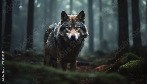 a wolf in the middle of a dark forest from Generative AI