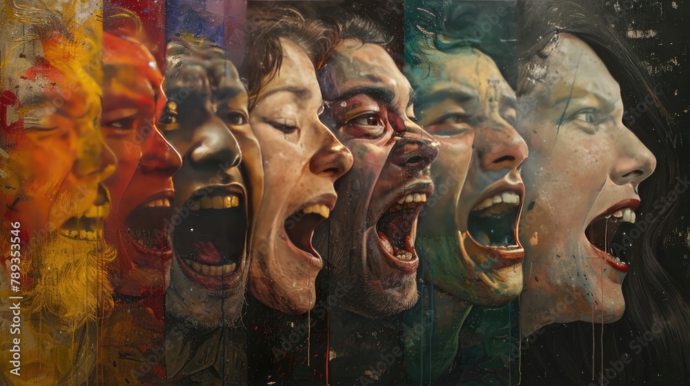 A spectrum of diverse facial expressions, from the laughter of friends to the contemplation of thinkers, each reflecting a moment of human connection and understanding.