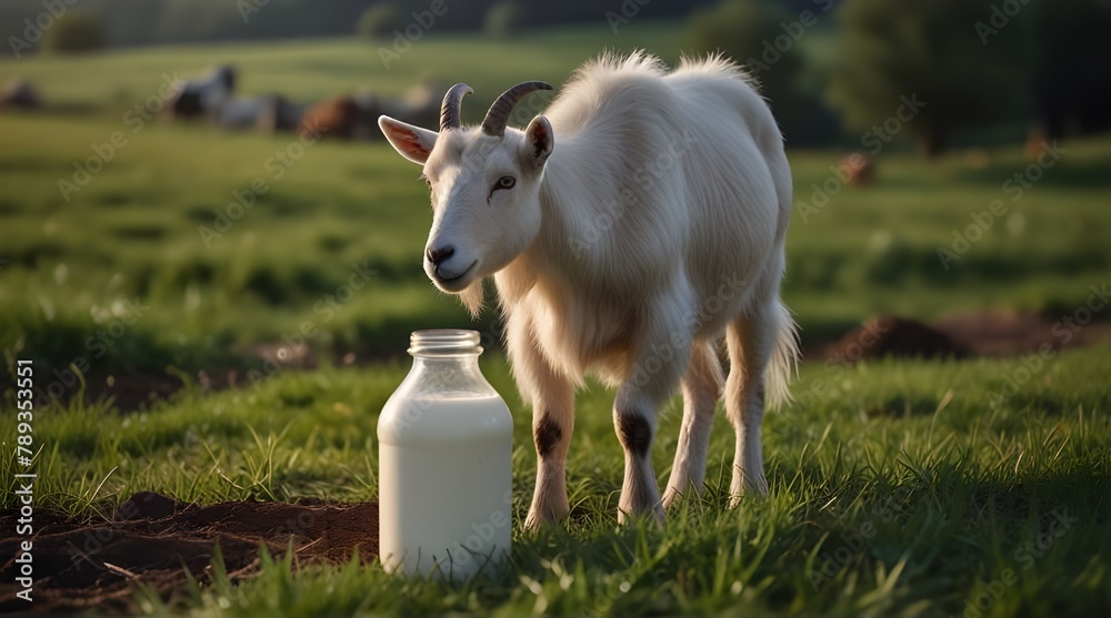 Obraz premium Rural landscape with goat's milk in bottle and goat grazing on background. Farm animal.generative.ai