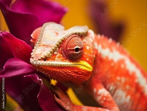 Close up of a chameleon on a purple orchid. photo