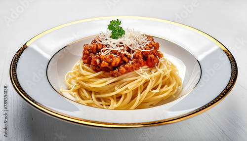 Spaghetti Pasta with Pesto and Bolognese Sauce on Porcelain Plate    Pappardelle  Fusilli  penne  Ditalini  Macaroni  Farfalle  Spaghetti Various Types of Pasta for Italian Cuisine Concept