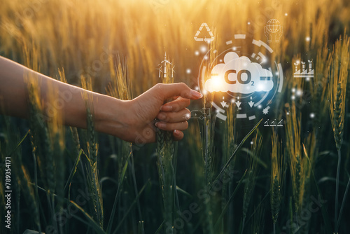 Reduce CO2 emission.Clean and friendly environment without carbon dioxide emissions. hand holding tree on blur green nature background. concept eco earth day