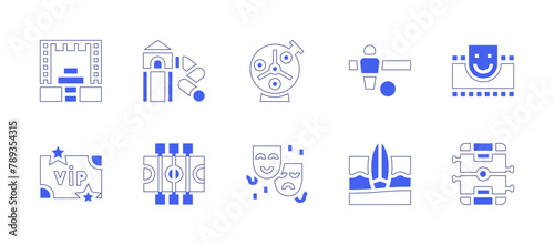 Entertainment icon set. Duotone style line stroke and bold. Vector illustration. Containing vip, theatre, table soccer, stage, lottery, comedy, surf, playground, table football.