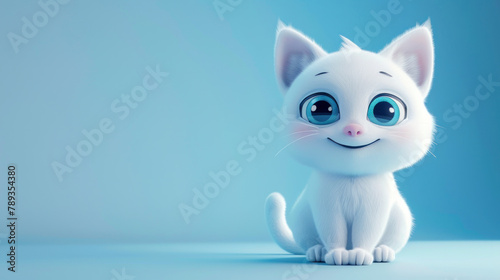 cute white cat character with big eyes smiling sitting on blue background