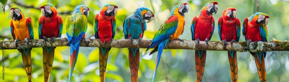 A group of parrots sitting on a branch.