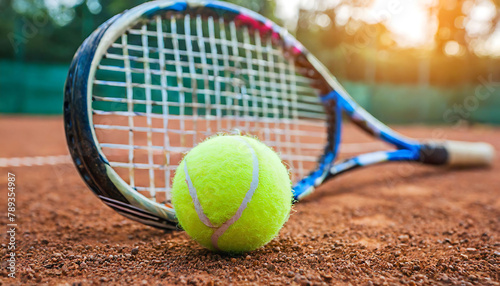 Tennis Racket and Ball on Clay Tennis Court, Sports Equipment and Tennis Sport Concept © mabaci