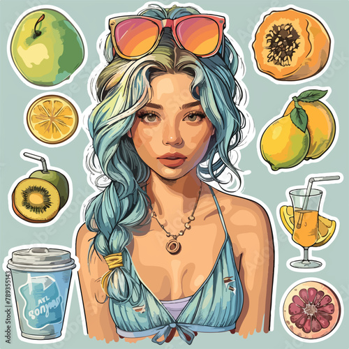 stickers set summer drinks fruit girl