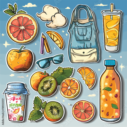 stickers set summer drinks fruits photo
