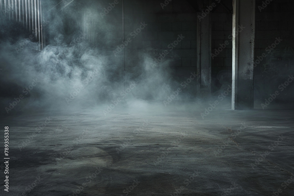 A dark concrete floorcovered in mist and fog is a striking and evocative image that evokes feelings of mystery, intrigue, and possibility