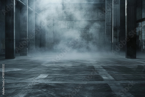A dark concrete floorcovered in mist and fog is a striking and evocative image that evokes feelings of mystery, intrigue, and possibility photo