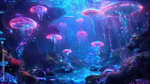 A surreal dreamscape featuring an otherworldly ocean, where bioluminescent creatures illuminate the depths with a dazzling display of neon colors.