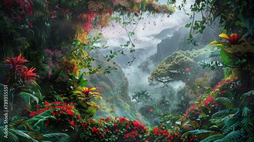 A surreal dreamscape featuring an otherworldly jungle, where colorful vines and exotic flora thrive amidst the towering trees and mist-shrouded valleys of an alien landscape.