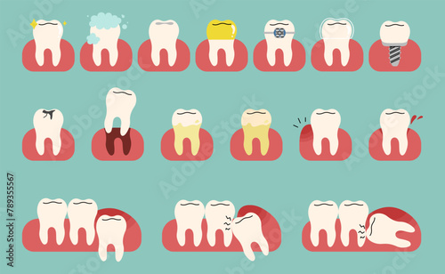 Teeth collection 1 cute on a blue-green background, vector illustration.