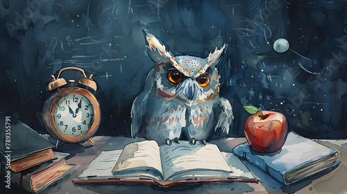 Watercolor painting of owl teacher with open book, alarm clock and apple on the table near blackboard in classroom background. Teachers day. Back to school. Student day