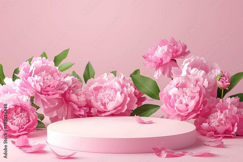 elegant round podium with spring peonies beauty product display pink background 3d illustration