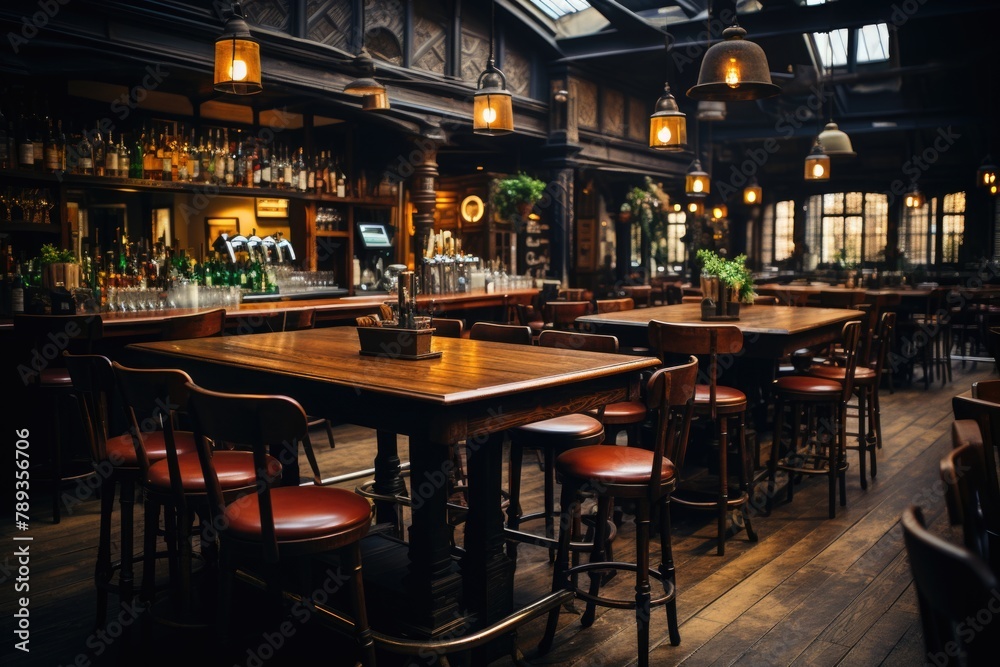 Craft beer in a cozy pub with wooden tables and smooth lighting., generative IA