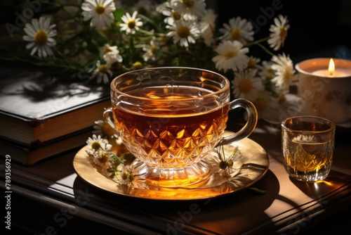 Chamomile tea in a vintage cup, next to an old book in an armchair., generative IA