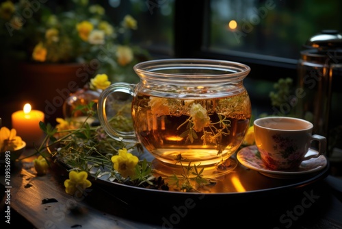 Herbal tea served in a mug, with flowers and plants around a garden., generative IA