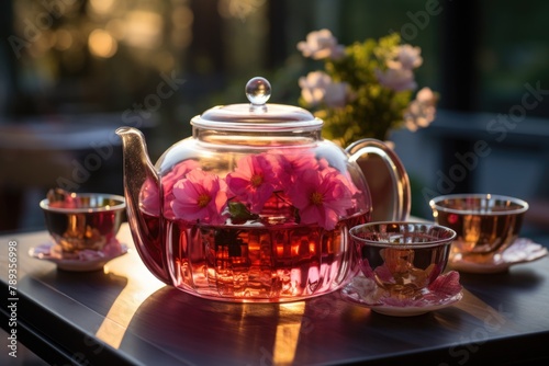 Hibiscus tea in a glass teapot on a porch overlooking the garden., generative IA