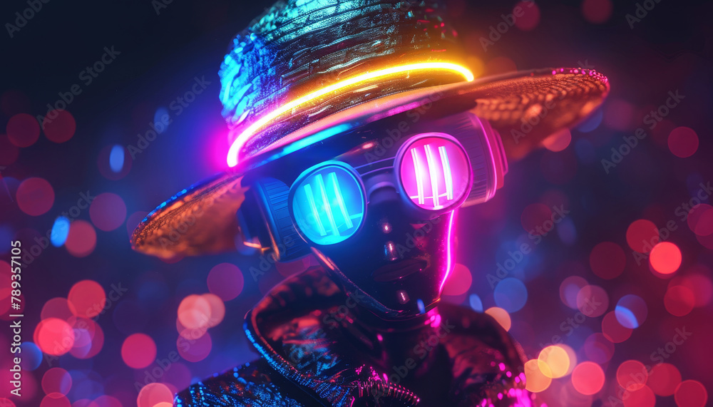A person wearing a hat and glasses with neon lights on it by AI generated image A person wearing a hat and glasses with neon lights on it by AI generated image