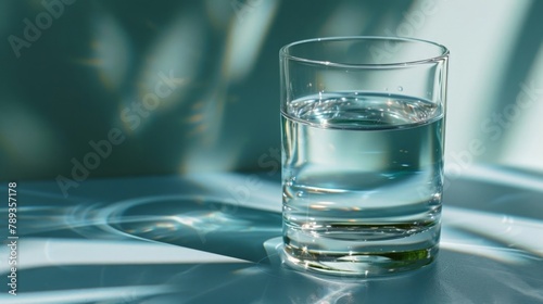 Clear Glass of Water with Shadow Patterns and Reflections. Concept of clear water. Copy space