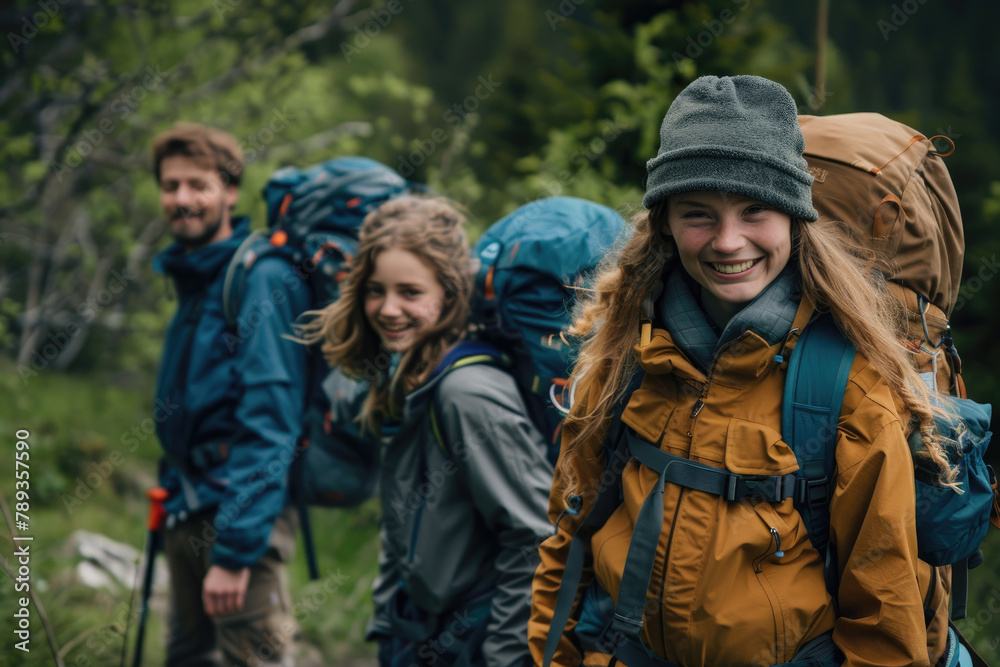 Happy family hiking in nature with backpacks and sleeping bags