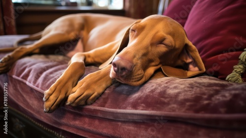 Vizsla dog peacefully asleep on a plush and cozy sofa
