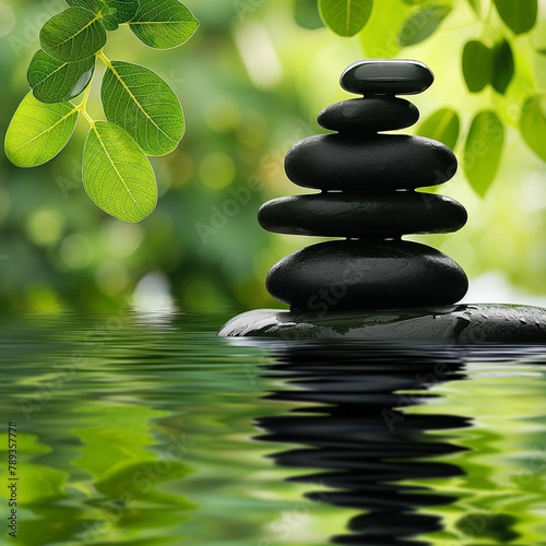 Serene Zen Stones with Fresh Green Leaves on Calm Water Surface
