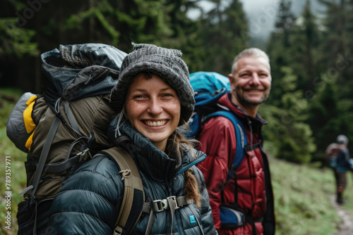 Happy family hiking in nature with backpacks and sleeping bags