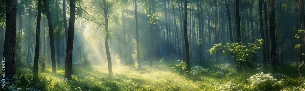 Obraz premium Magical Morning Light in Dense Forest with Mist and Flora