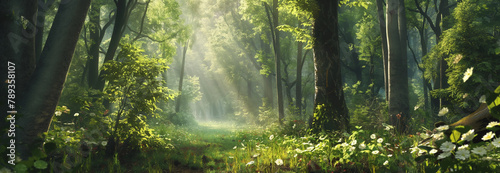 Enchanted Woods with Sunbeams Filtering Through Morning Mist #789358107