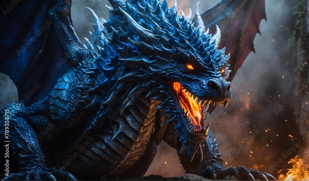 giant blue dragon breathing fire background from Generative AI Stock ...