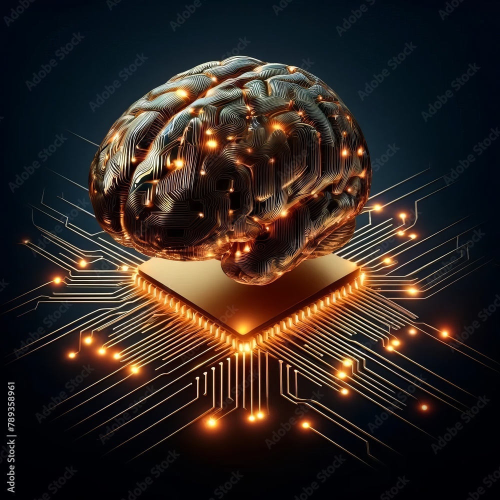 Conceptual digital art of a brain integrated with a CPU, showcasing neural circuitry connections and artificial intelligence. - obrazy, fototapety, plakaty 