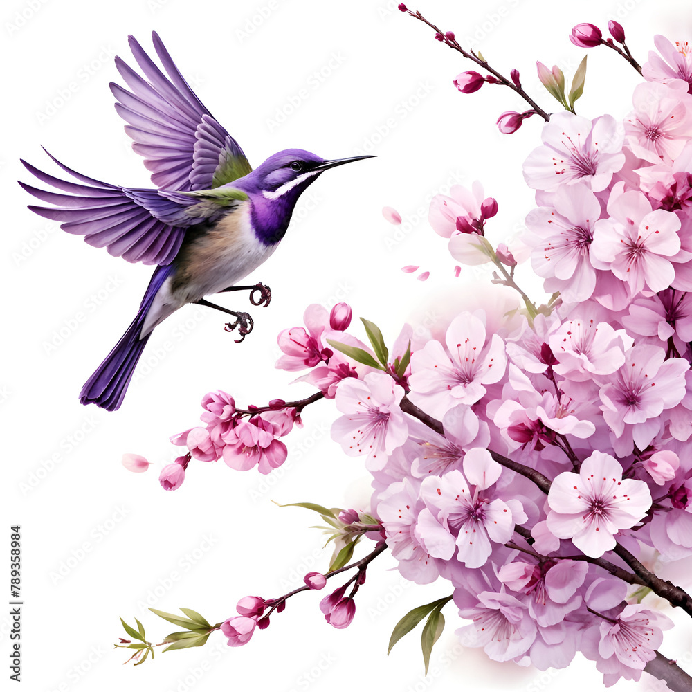 Beautiful spring cherry blossom and bird isolated on white background.