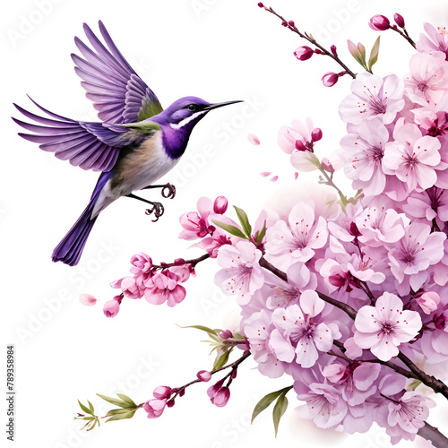 Beautiful spring cherry blossom and bird isolated on white background. © JELENA