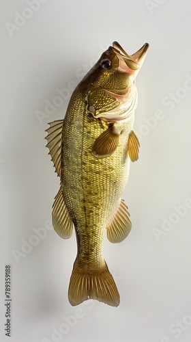 A largemouth bass fish, mounted on a white background.
