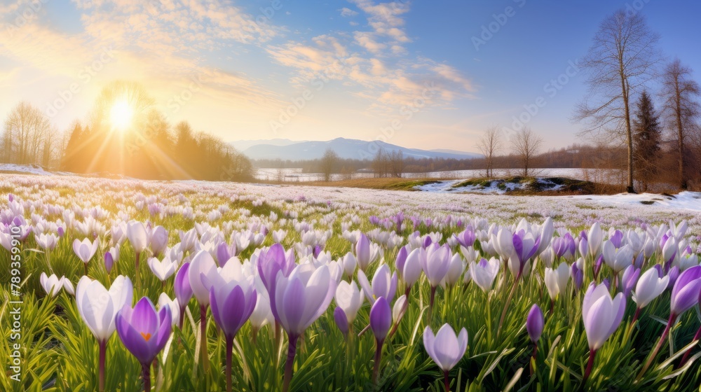 Beautiful panorama of blooming spring meadow landscape, with spring knot flowers, snowdrop and crocus, illuminated by the morning sun - obrazy, fototapety, plakaty 