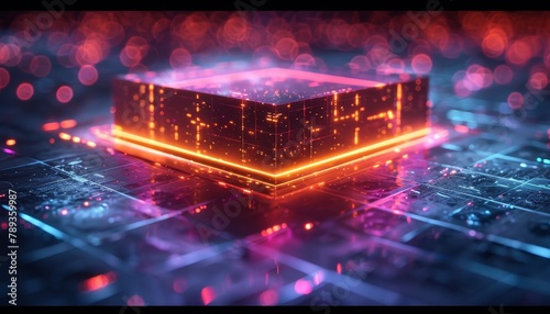 A computer chip is lit up in neon colors by AI generated image