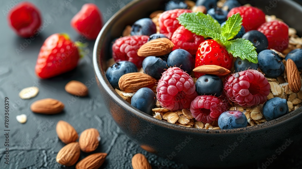 Oatmeal Mix with variety of fresh or frozen berries like strawberries, blueberries, raspberries and almonds